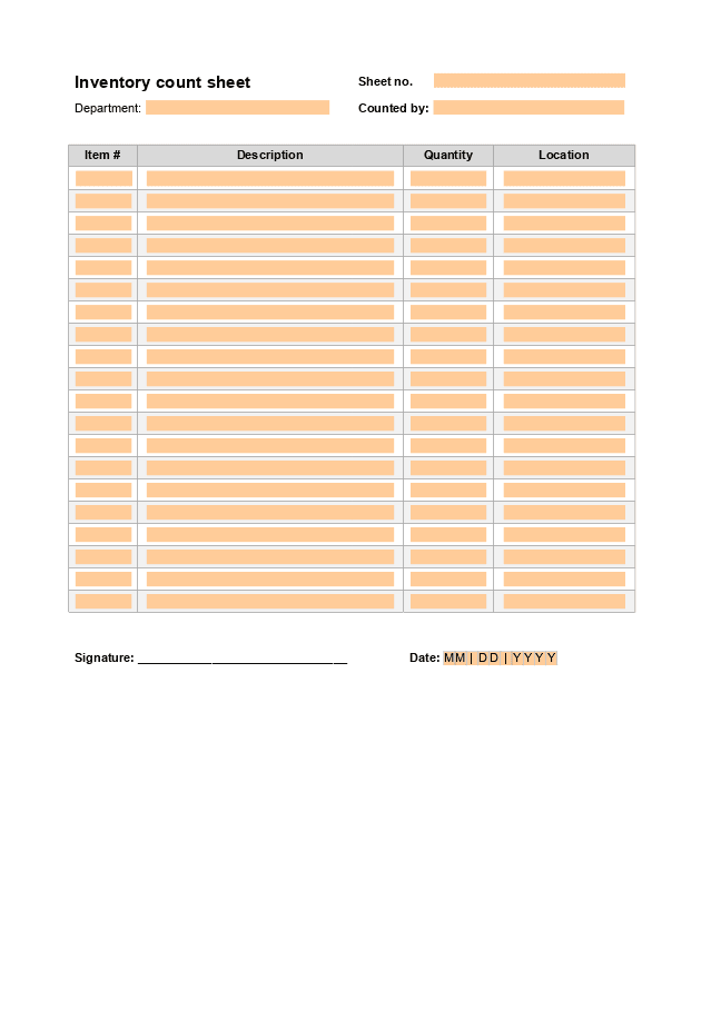 Inventory sheet form