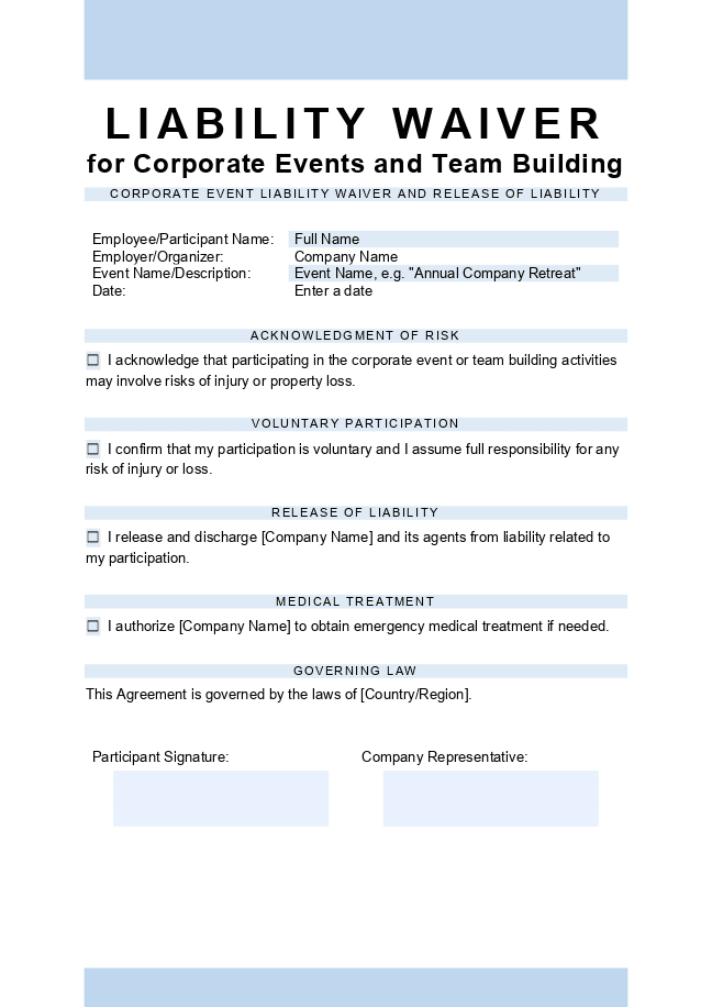Corporate event liability waiver