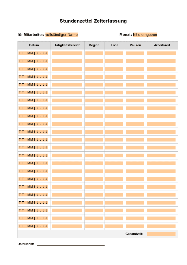 Formular für Zeiterfassung