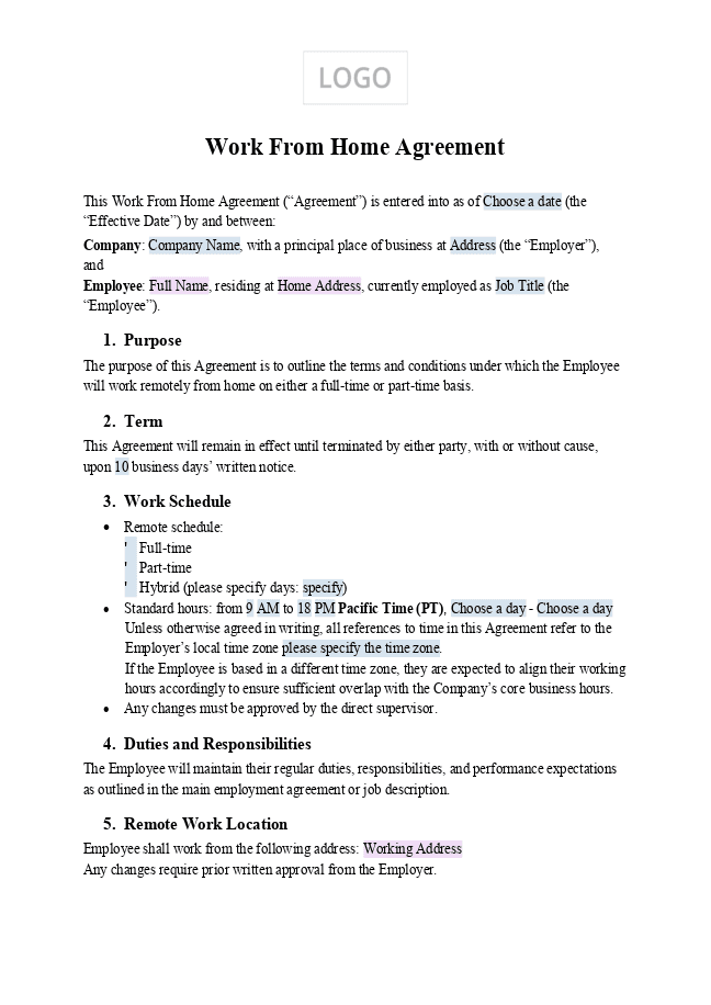 Work from Home Agreement
