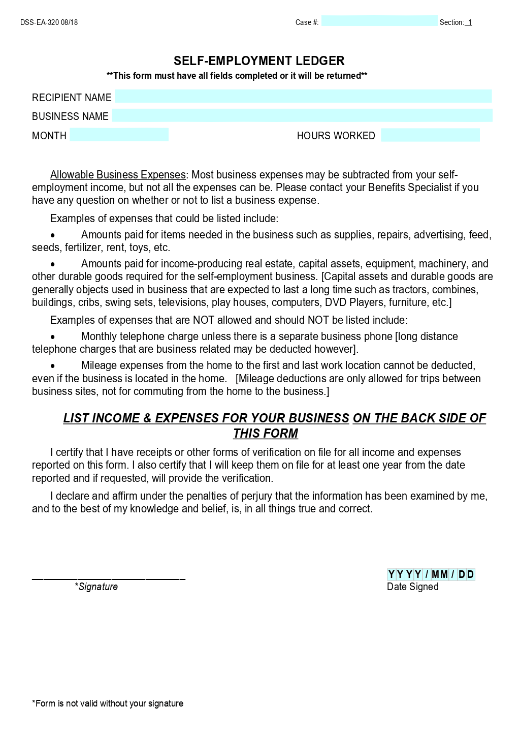 Self employment Ledger Template