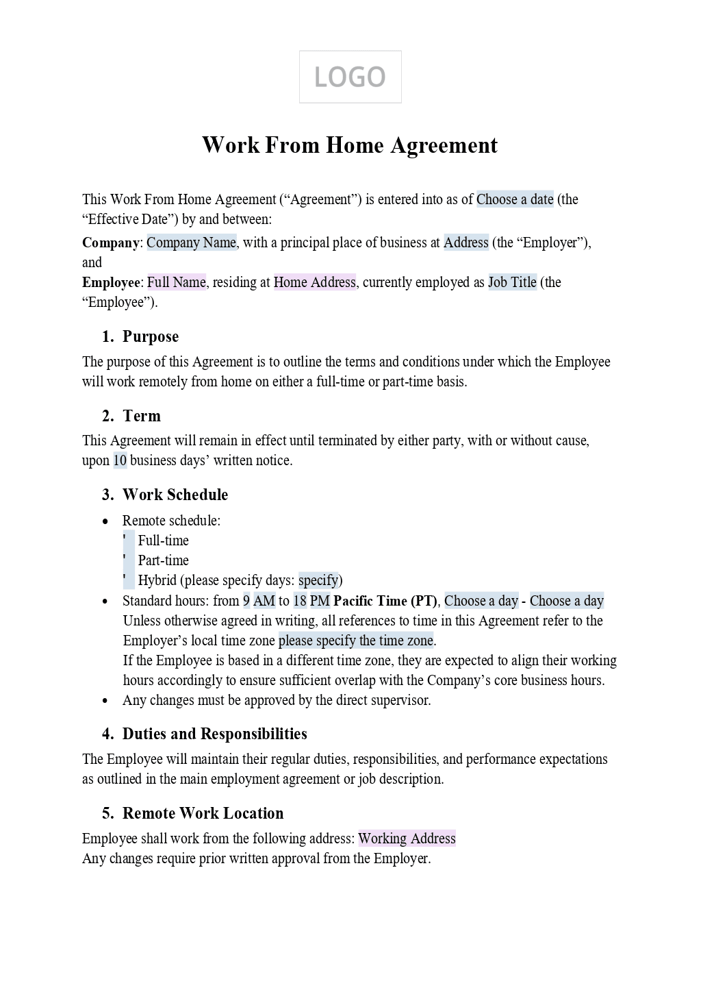 Work from Home Agreement