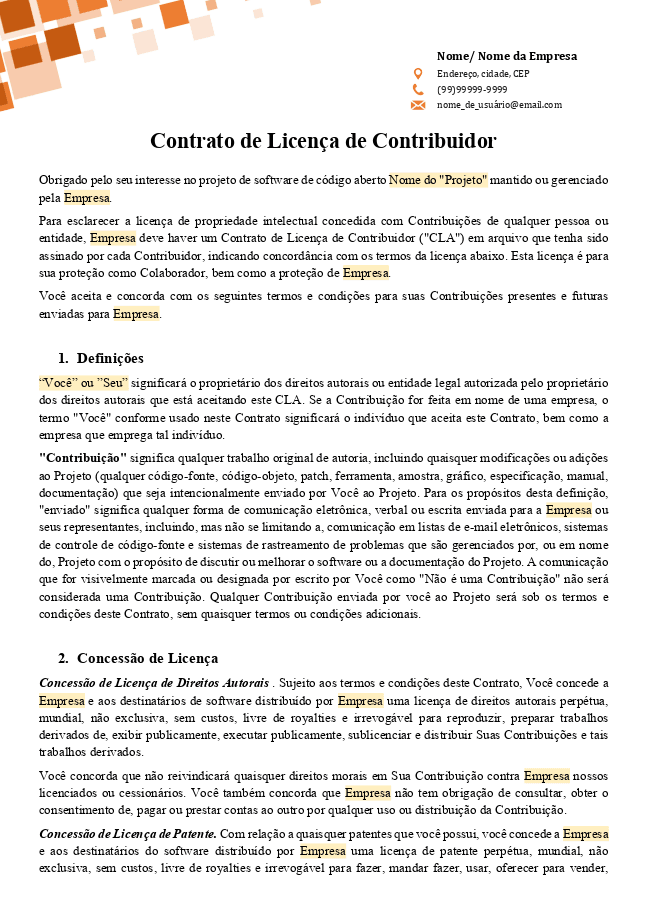 Formulário do Contrato de Licença do Contribuinte (CLA) 1