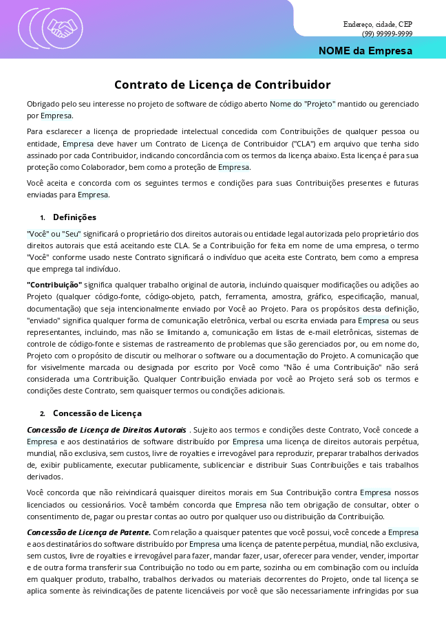 Formulário do Contrato de Licença do Contribuinte (CLA) 2