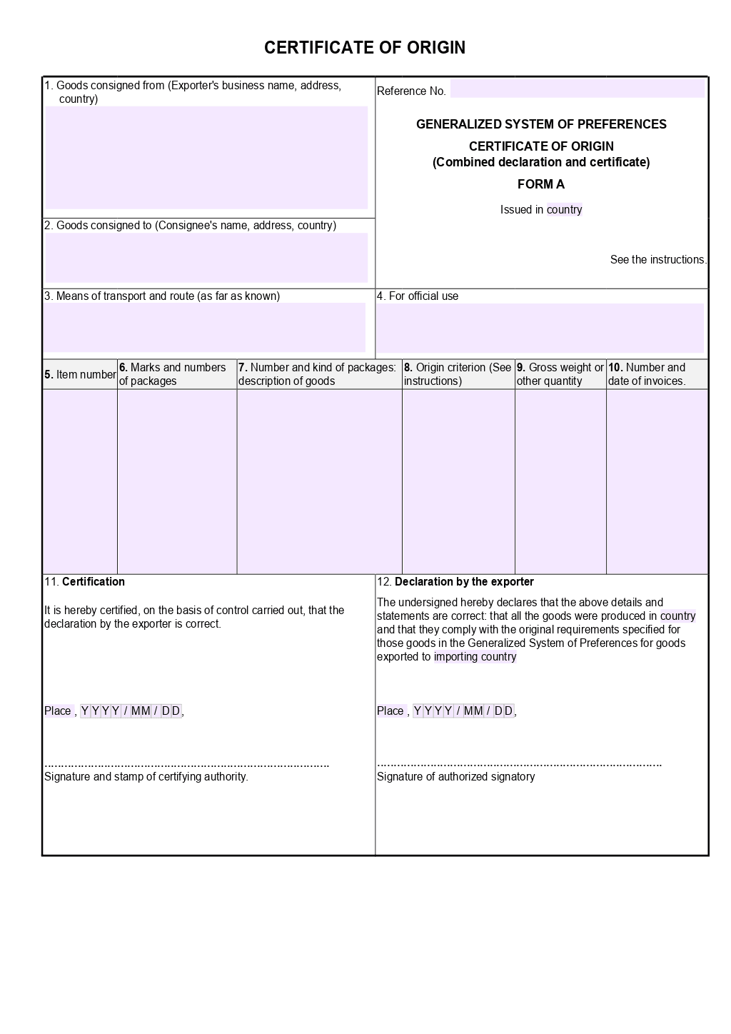 Certificate Of Origin Template