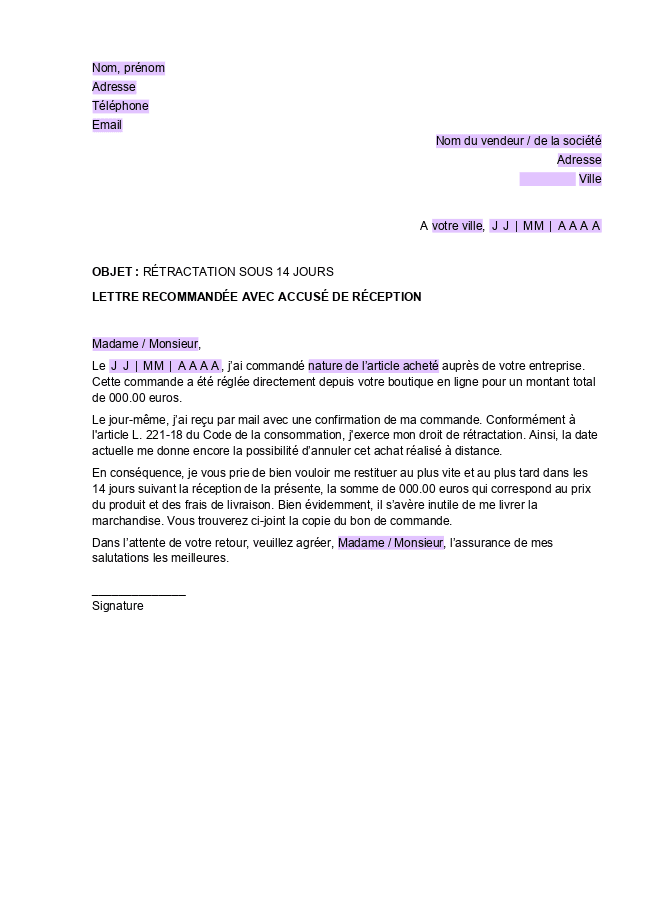 Formulaire lettre de rétractation