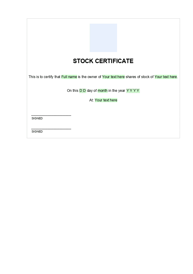 Stock certificate form