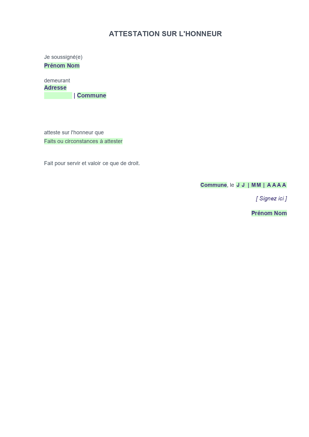 Attestation Sur L Honneur Attestation Sur L honneur Exemple Et 
