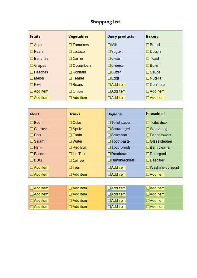 Shopping list form