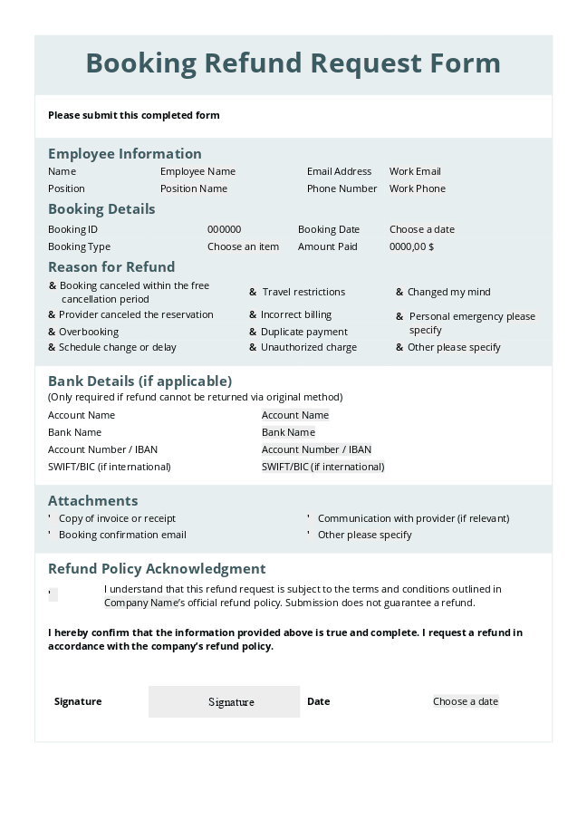 Booking Refund Request Form for Odoo