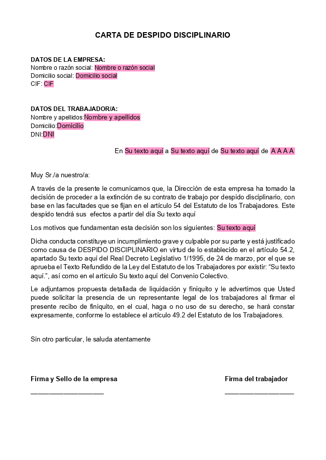 Formulario Сarta de despido disciplinario