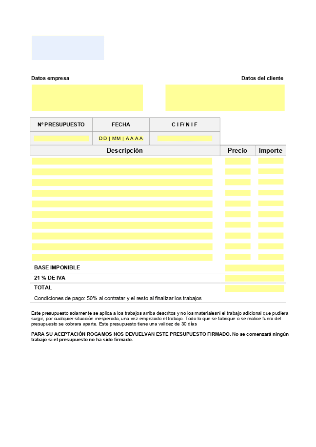 Formulario presupuesto de obra