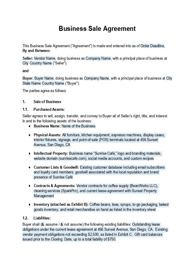 Business Sale Agreement for Odoo