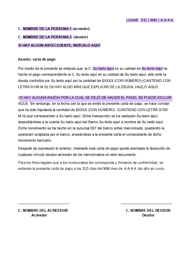 Formulario Carta de pago