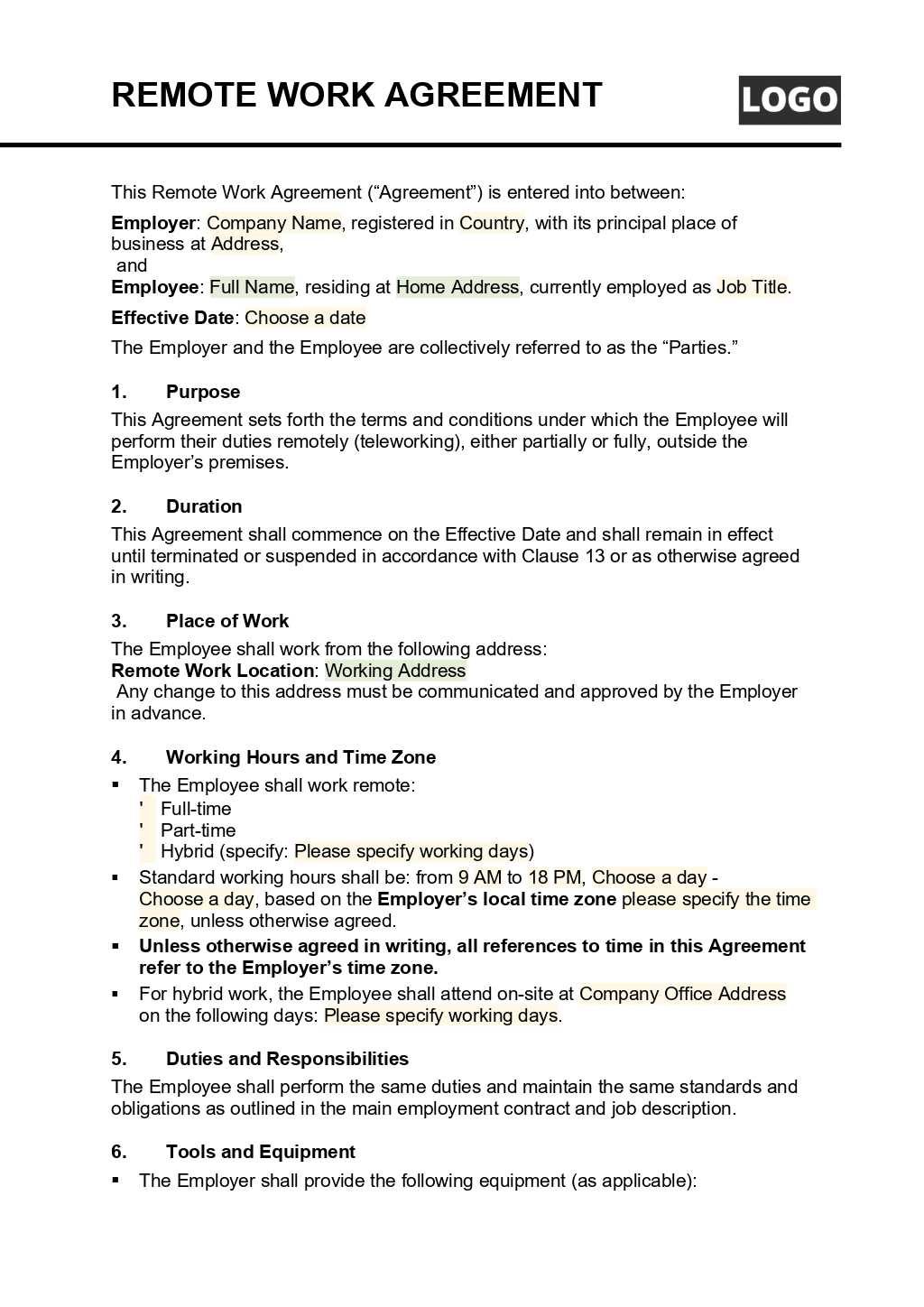 Remote Work Agreement