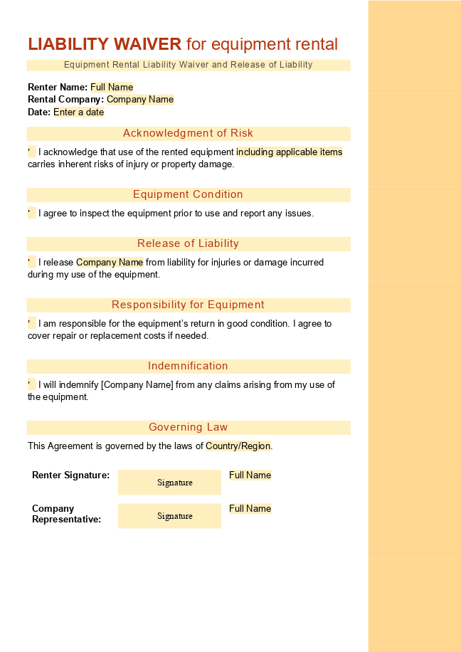 Equipment Rental Liability Waiver
