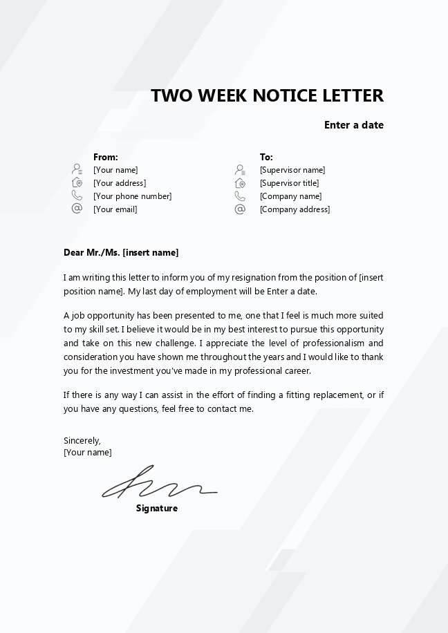 Two weeks notice (minimal)