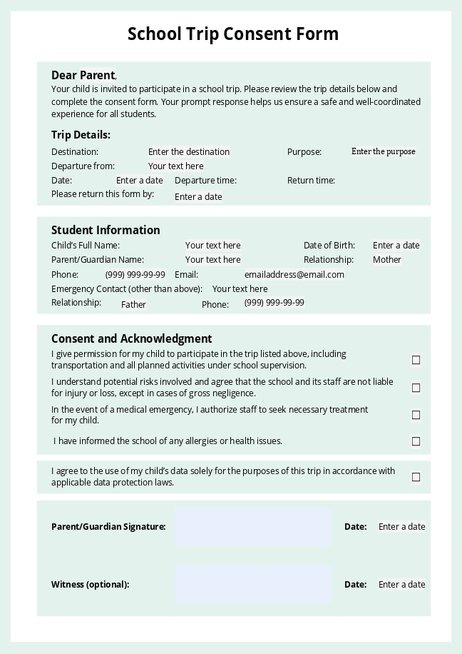 School trip consent form