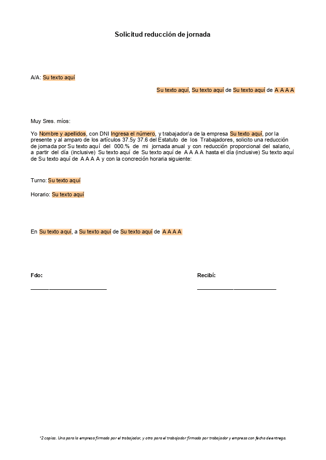 Formulario solicitud de reducción de jornada