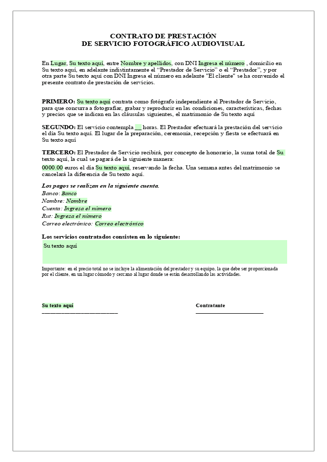 Formulario Contrato de prestación de servicios fotográficos