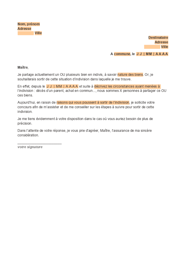 Formulaire lettre pour sortir d'une indivision