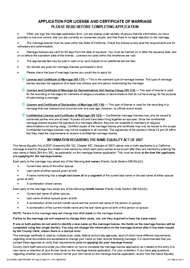 Marriage license application form (California)