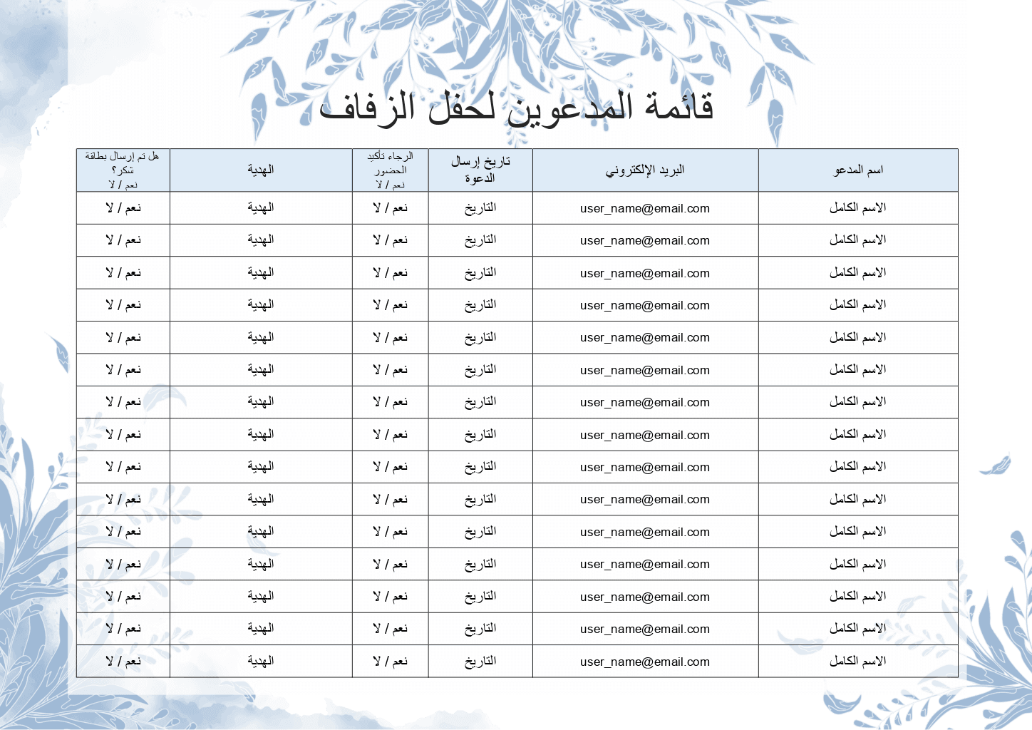 قائمة المدعوين لحفل الزفاف