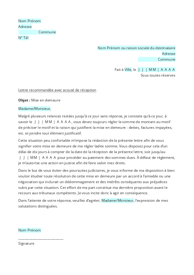 Formulaire mise en demeure