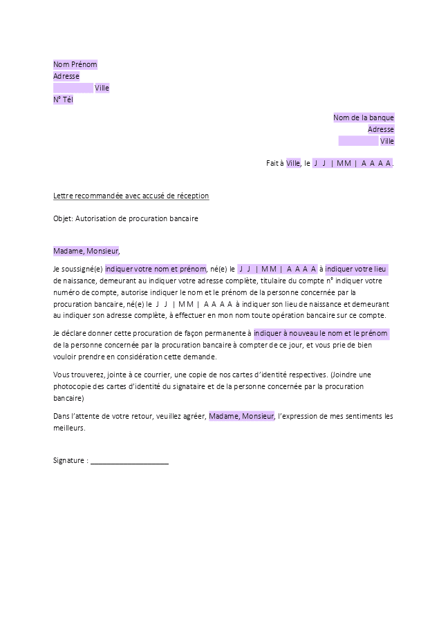 Lettre d'une procuration bancaire