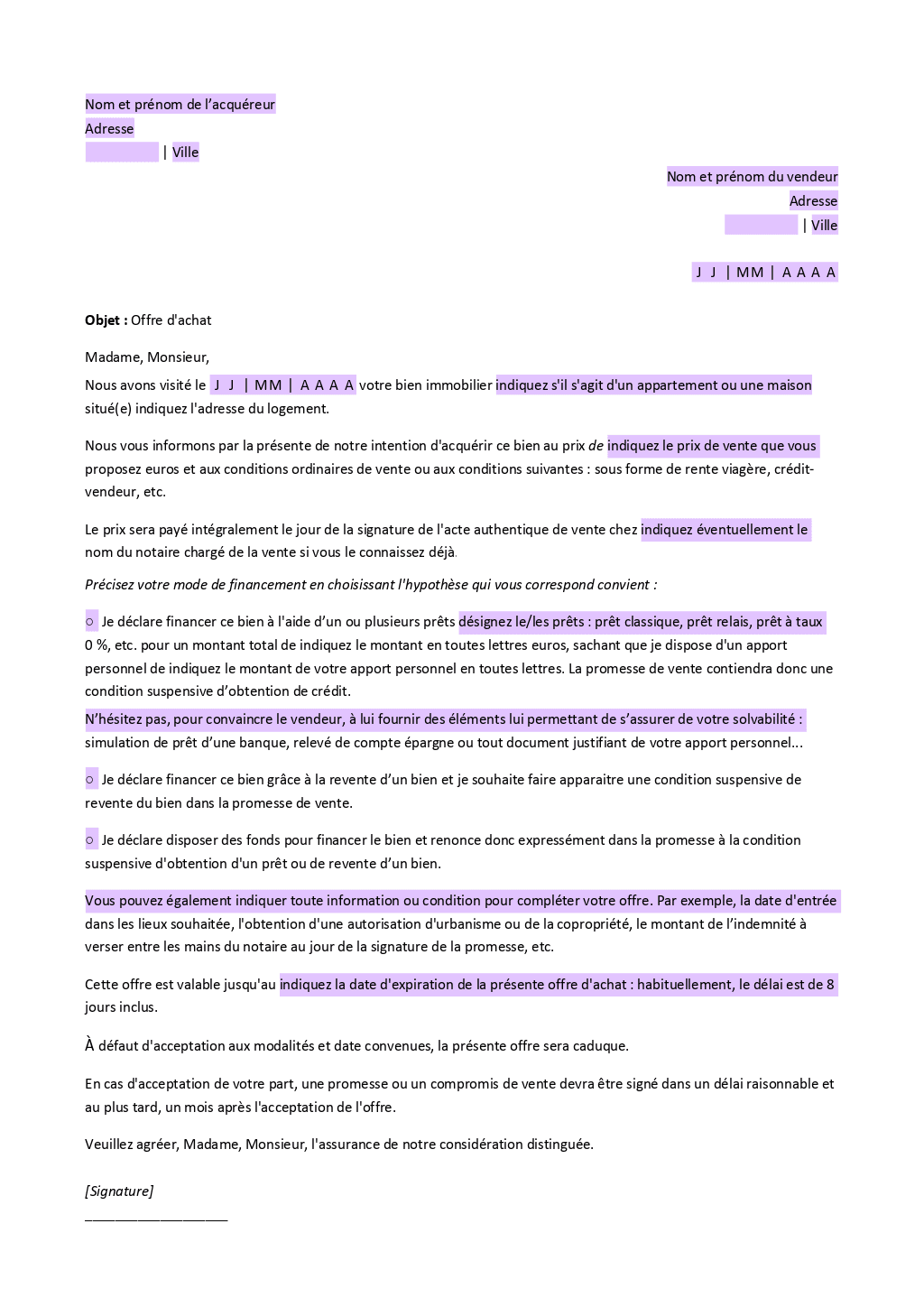Mod le De Lettre Pour Faire Une Offre D achat D un Appartement Netzdot