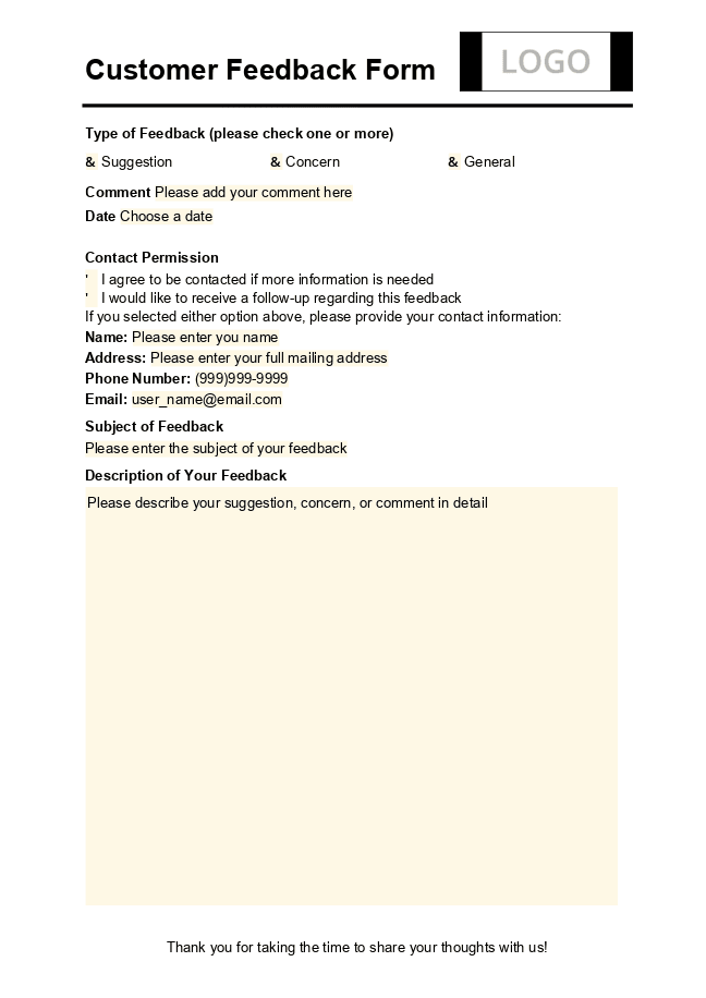 Customer feedback form (neutral)