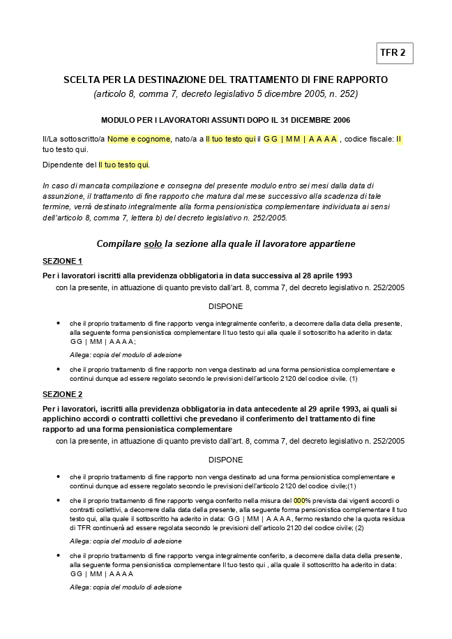 Modulo TFR 2 Scelta per la destinazione del trattamento di fine rapporto