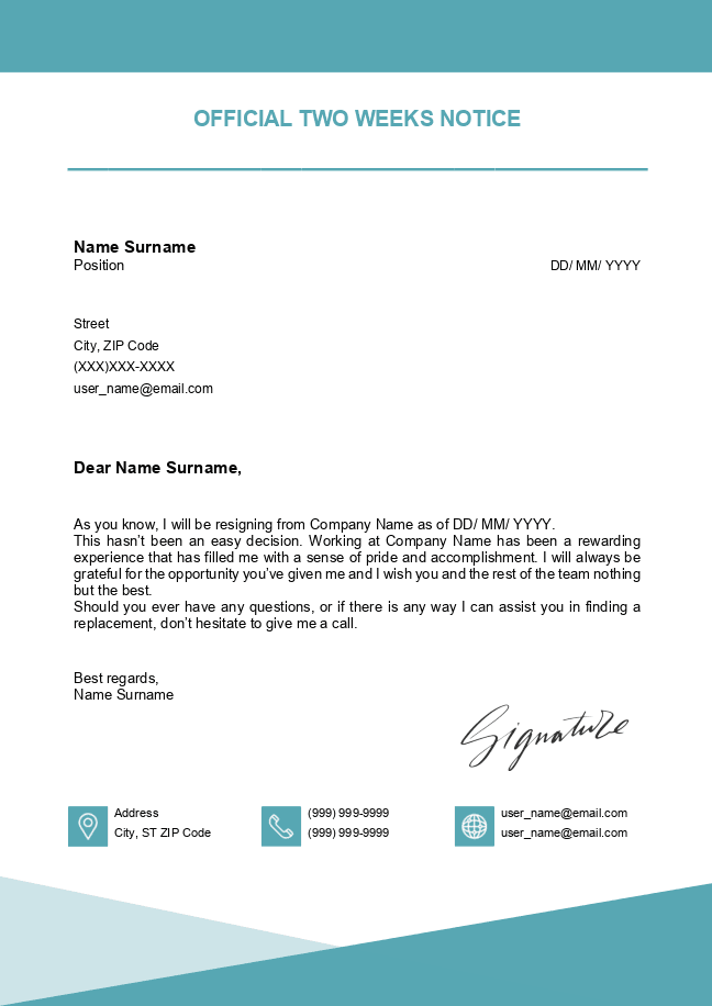 Two weeks notice (teal)