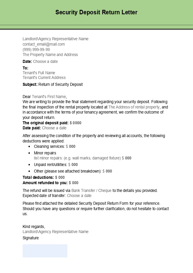 Security Deposit Return Letter