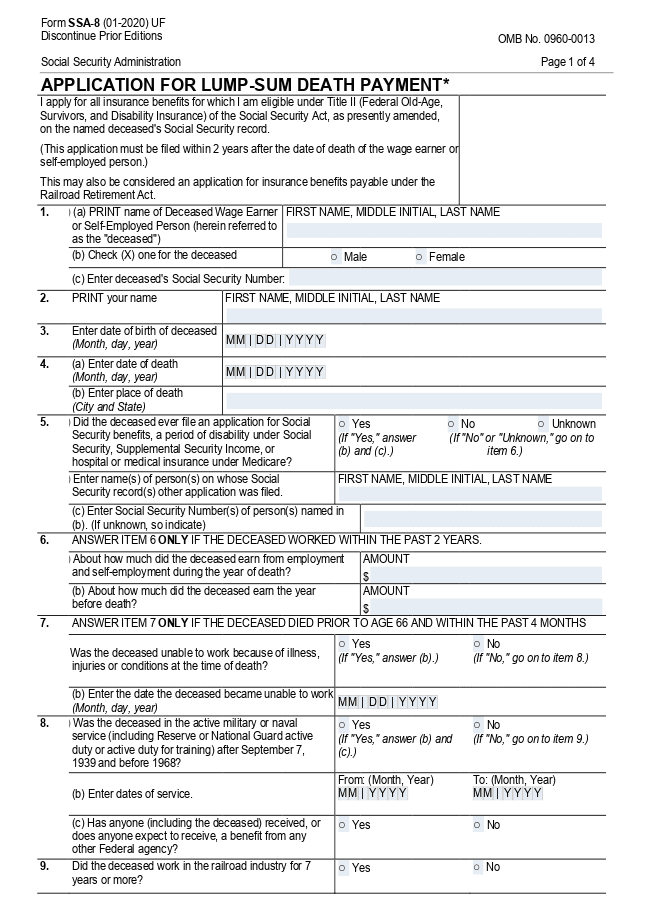 Form SSA-8 (Application for Lump-Sum Death Payment)