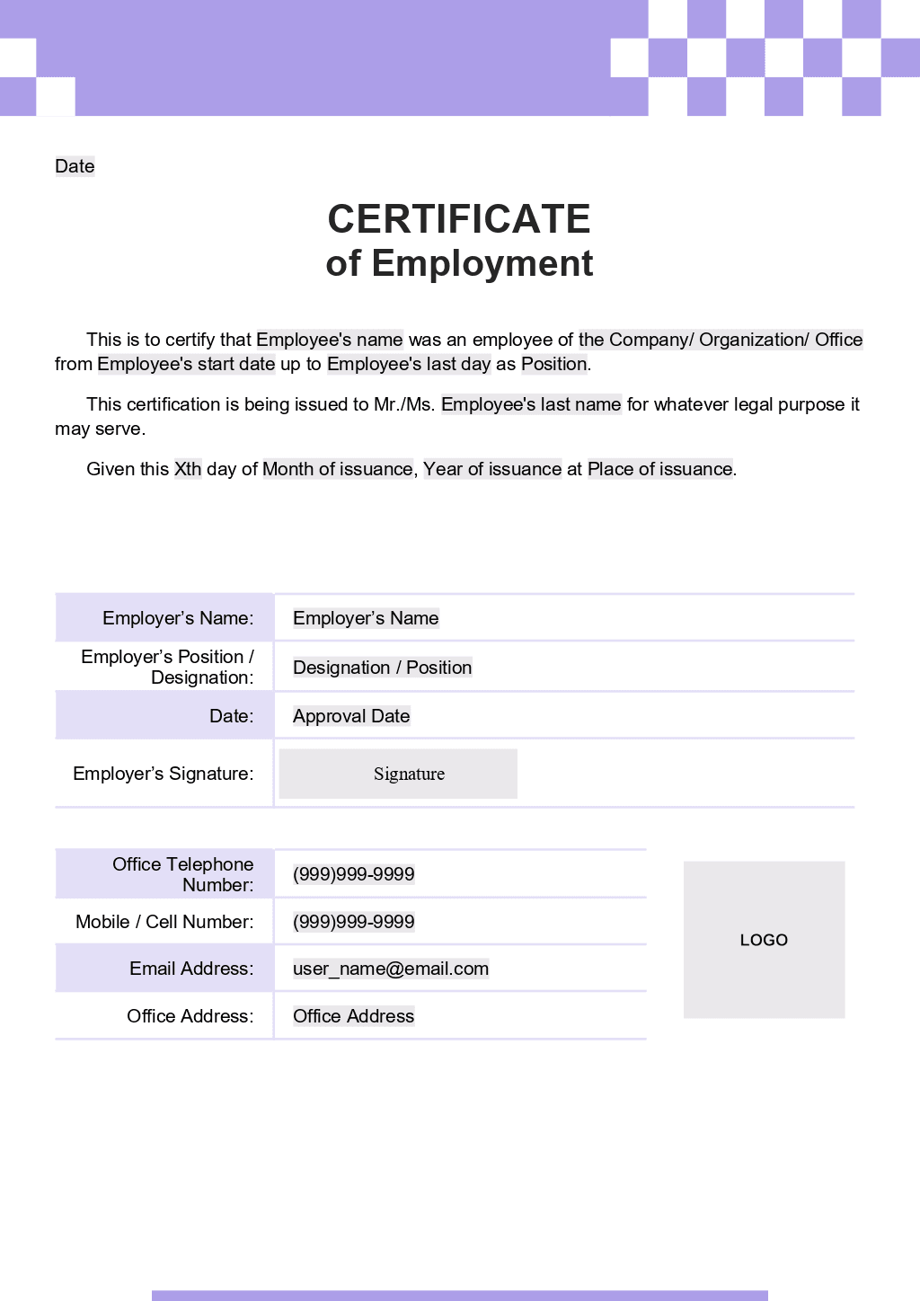 Certificate of employment