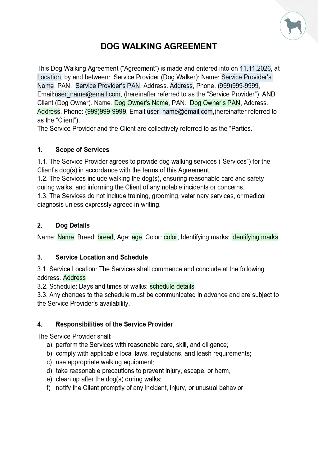 Dog walking agreement template 1