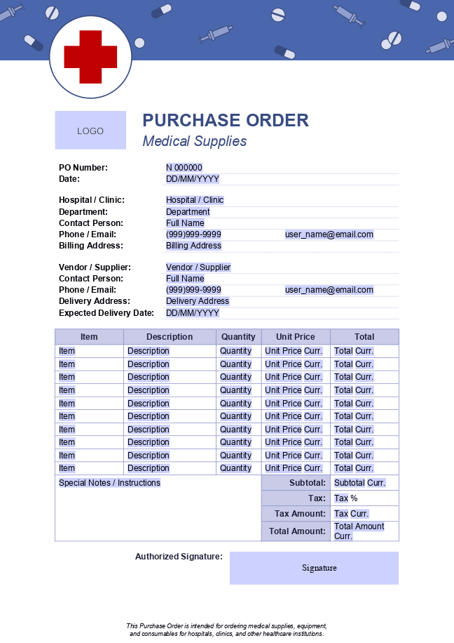Purchase Order for Medical Supplies
