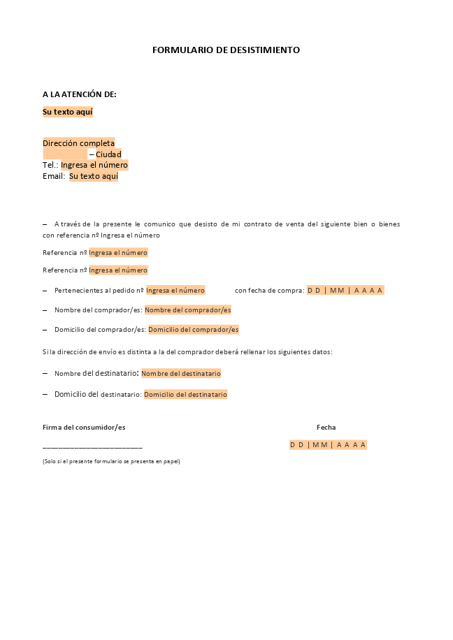 Formulario de desistimiento