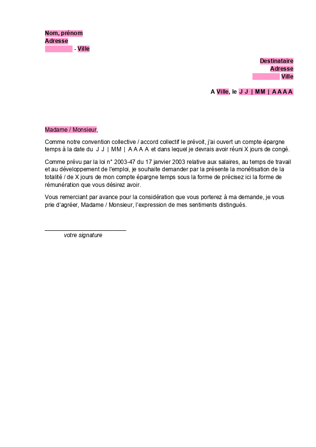 Formulaire lettre pour utiliser son compte épargne temps