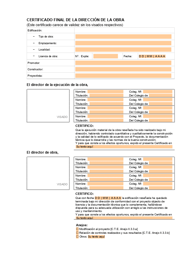 Formulario certificado final de obra