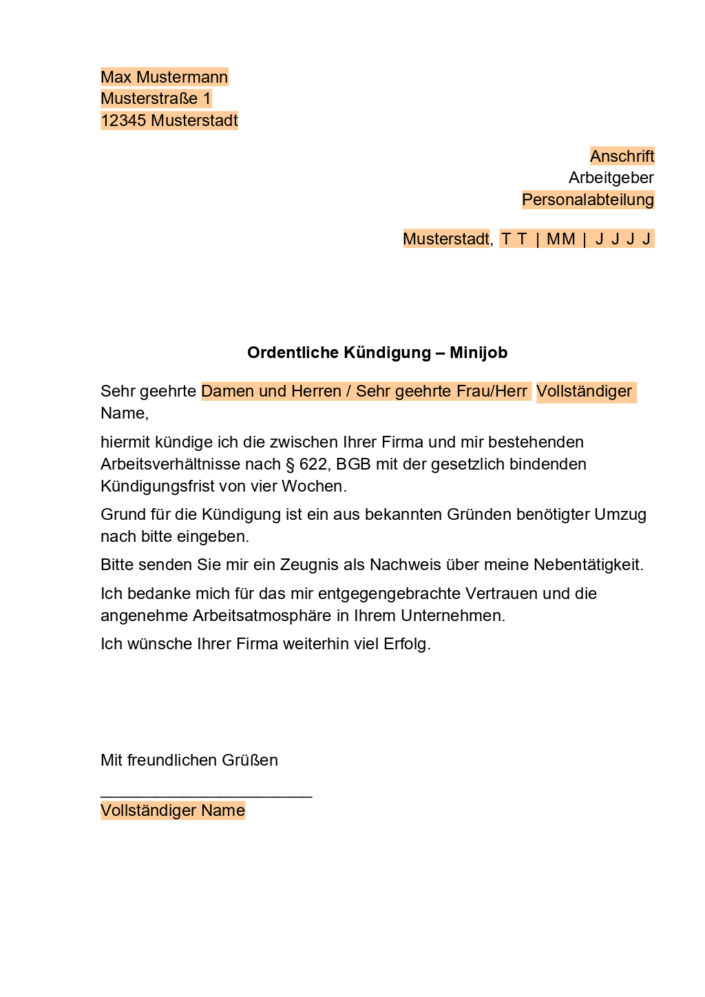 Minijob K ndigung Vorlage Word ECBOAH