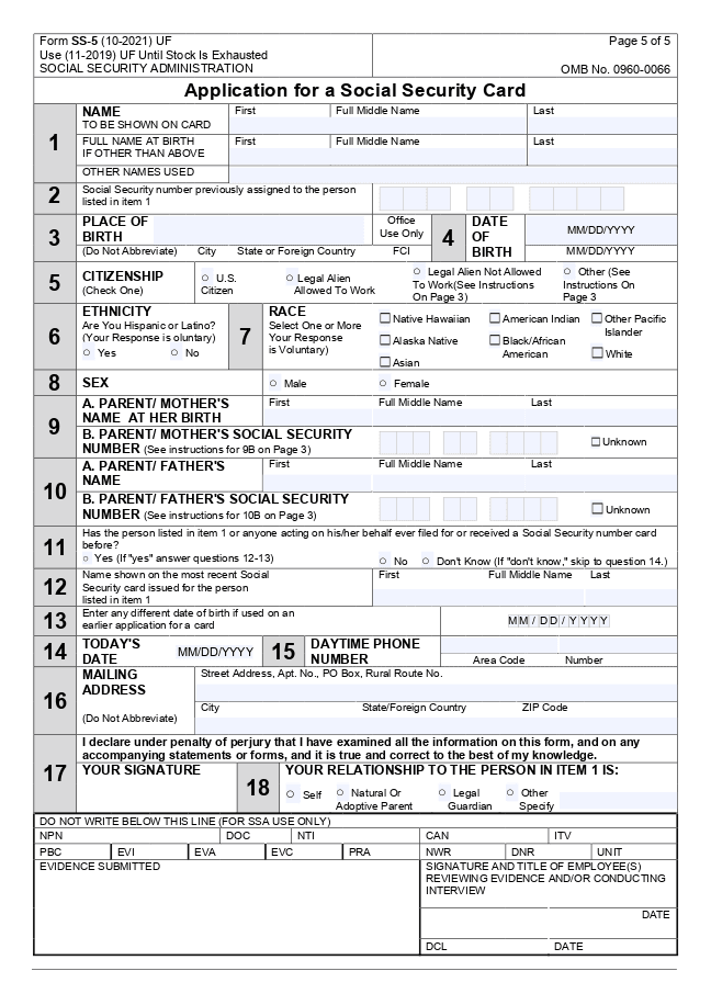 Social security form SS-5