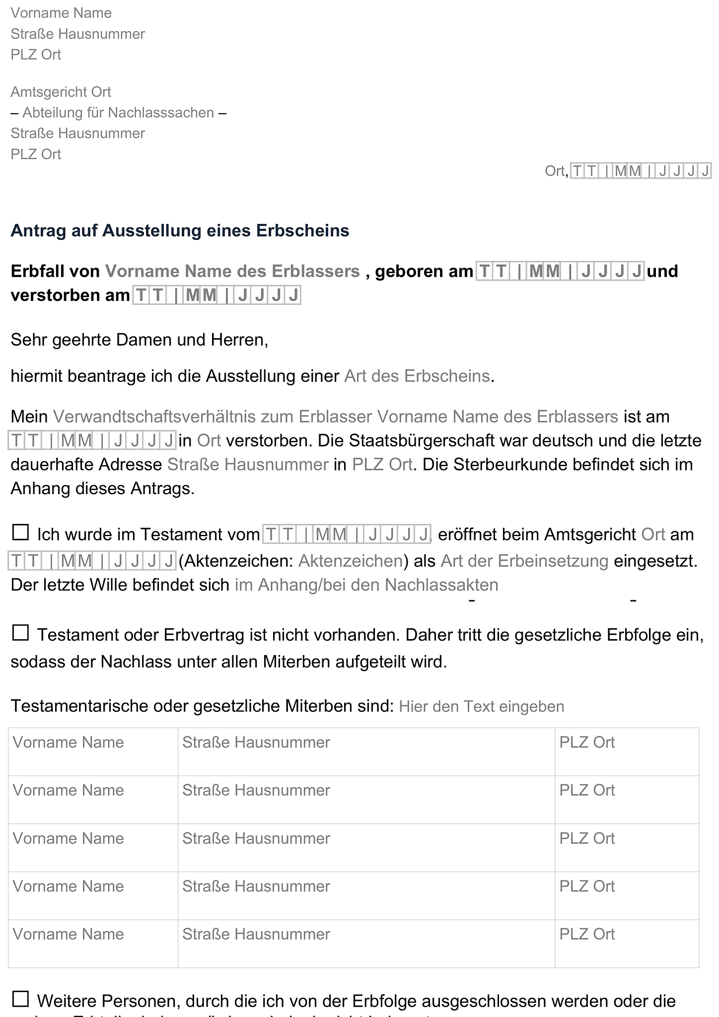Formular vom Antrag auf Ausstellung eines Erbscheins 1