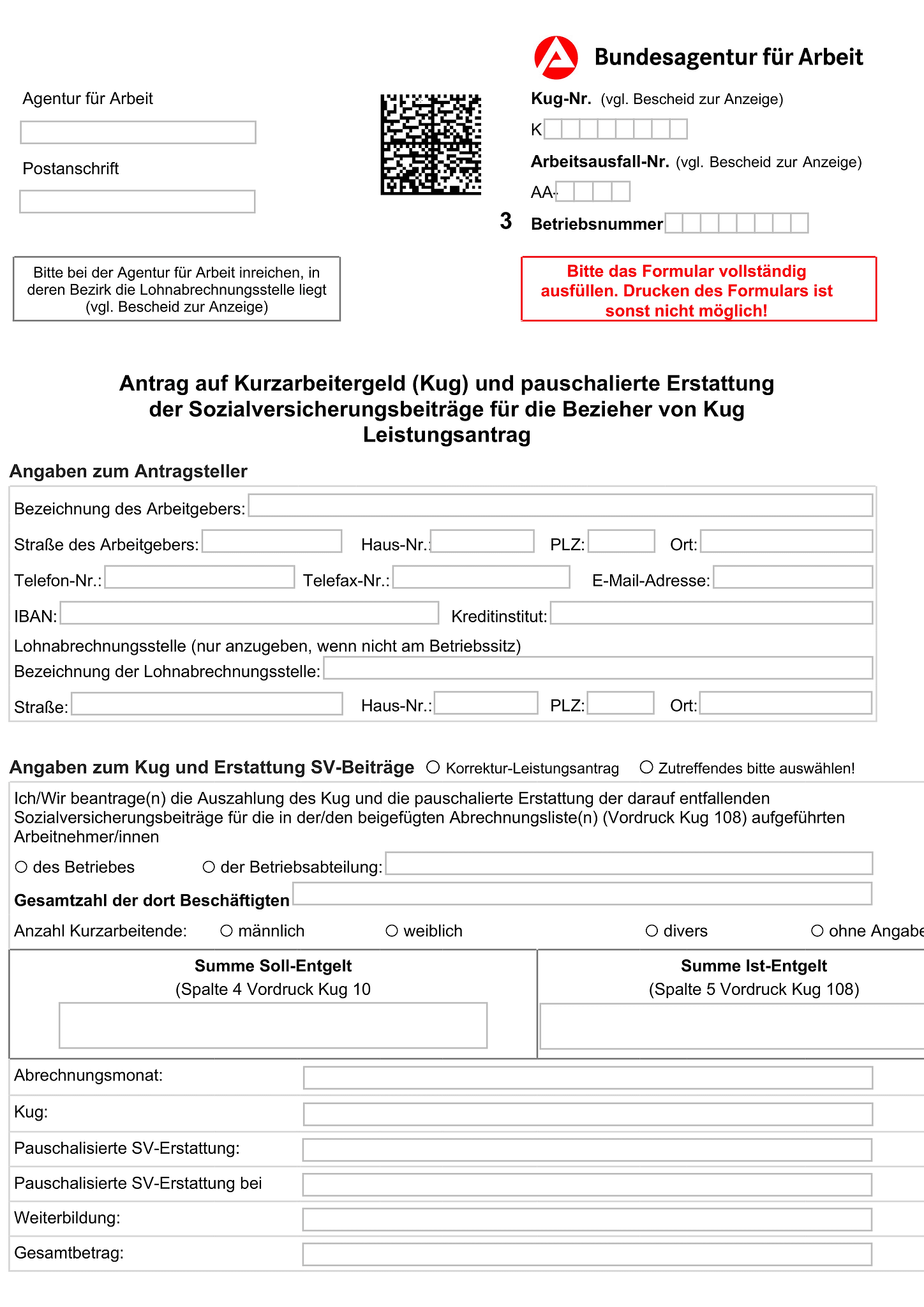 Formular vom Antrag auf Kurzarbeitergeld (Kug) 1