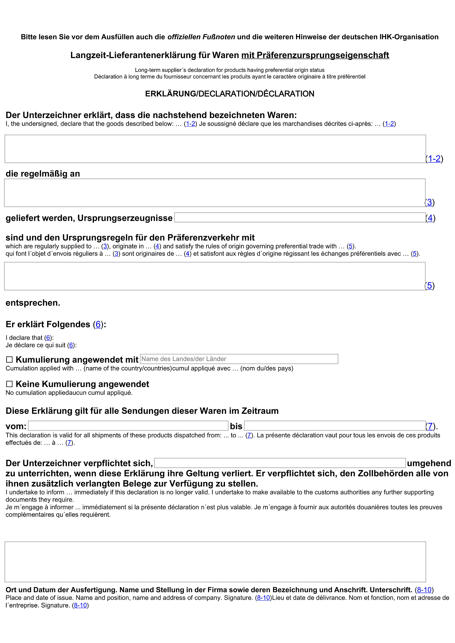 Formular für Langzeit-Lieferantenerklärung 1