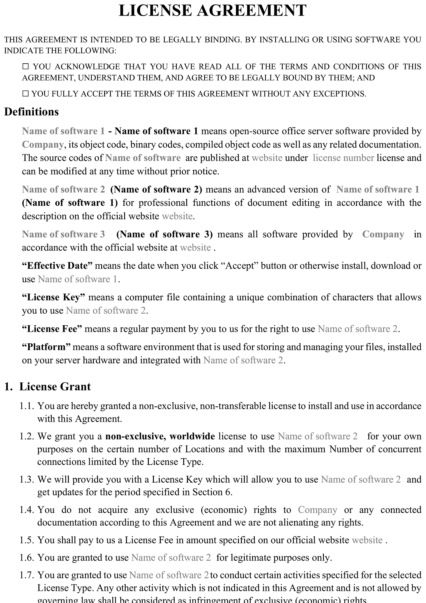 Software license agreement form 1