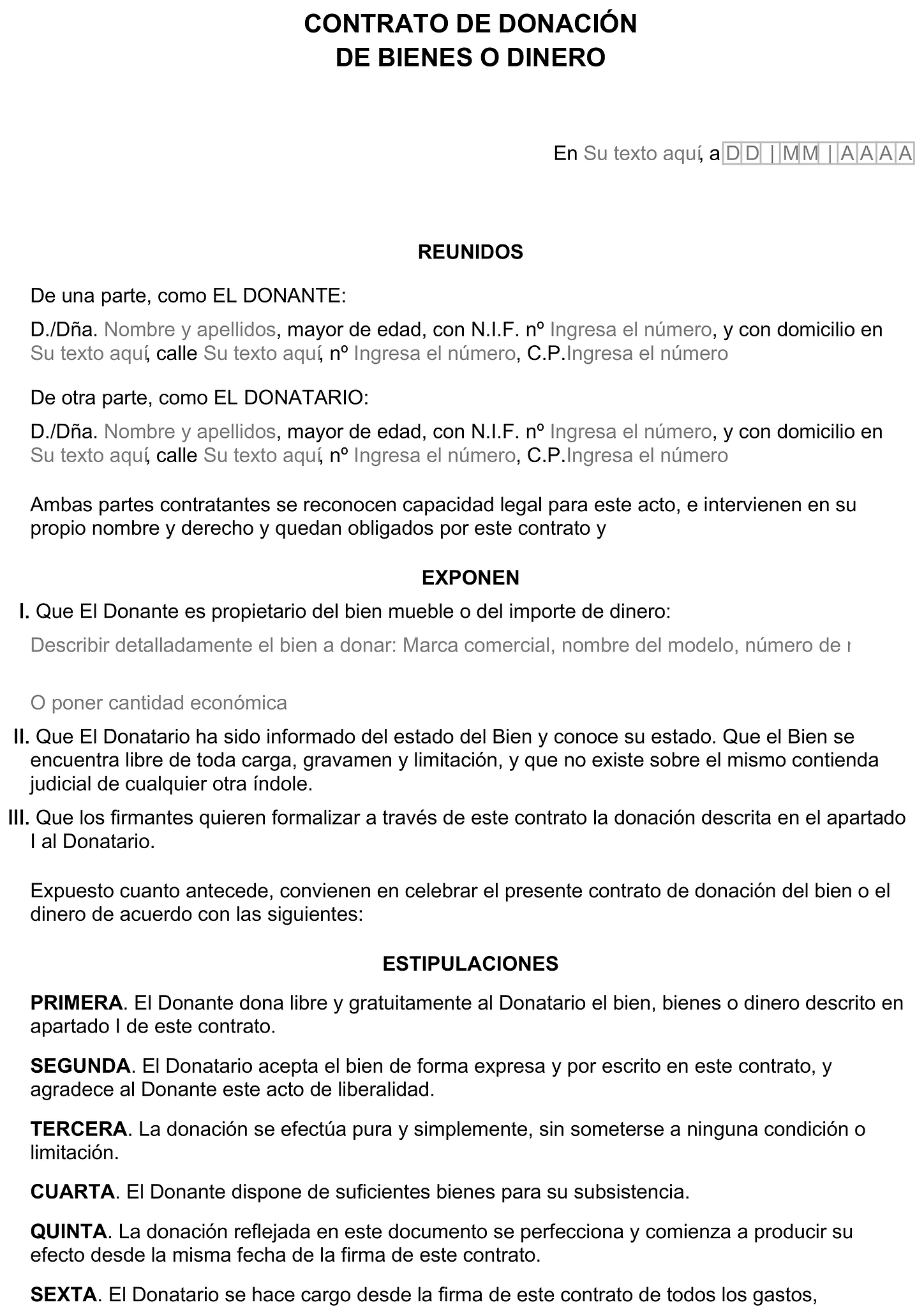 Formulario contrato de donación de bienes o dinero 1