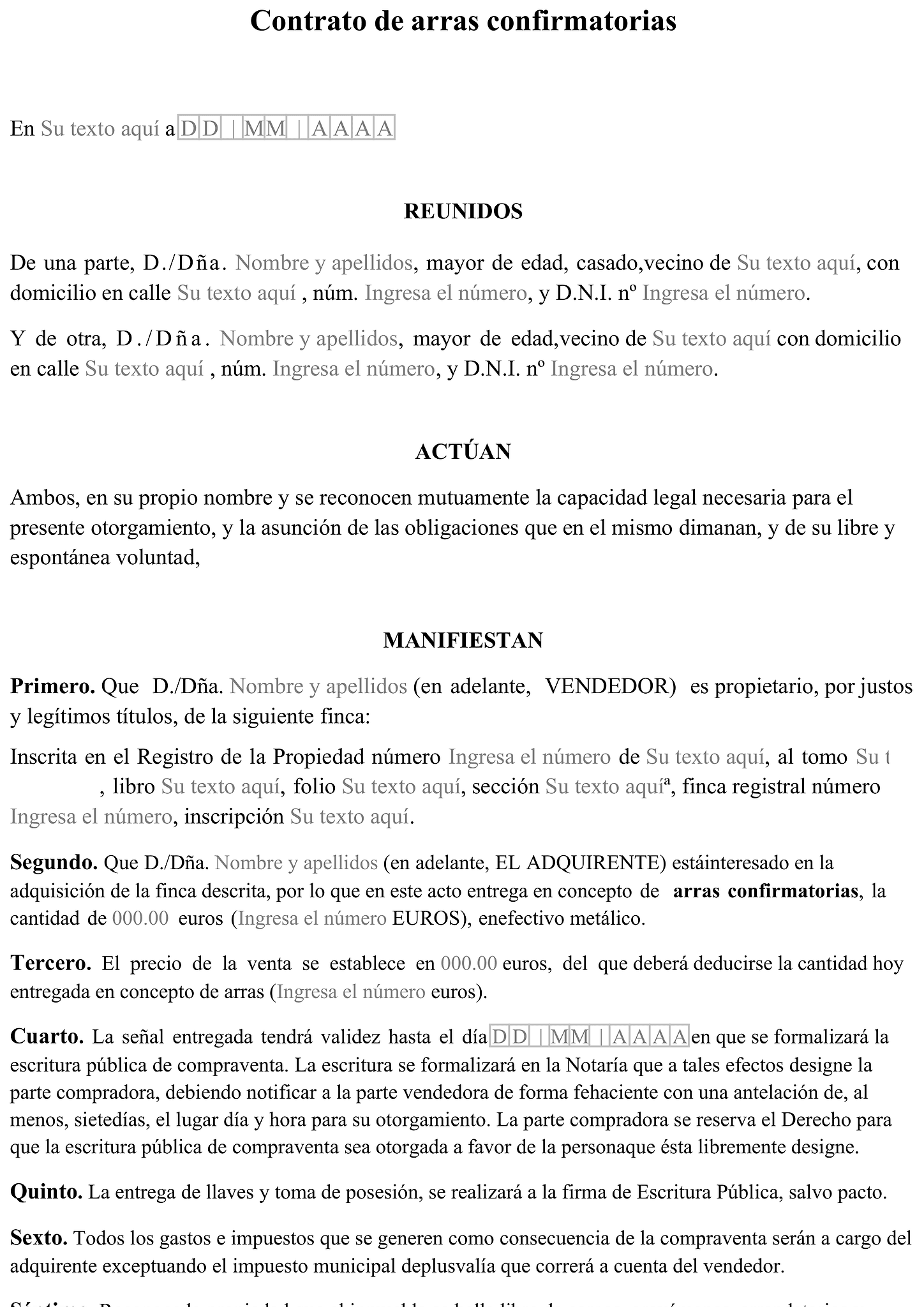 Formulario contrato de arras confirmatorias 1