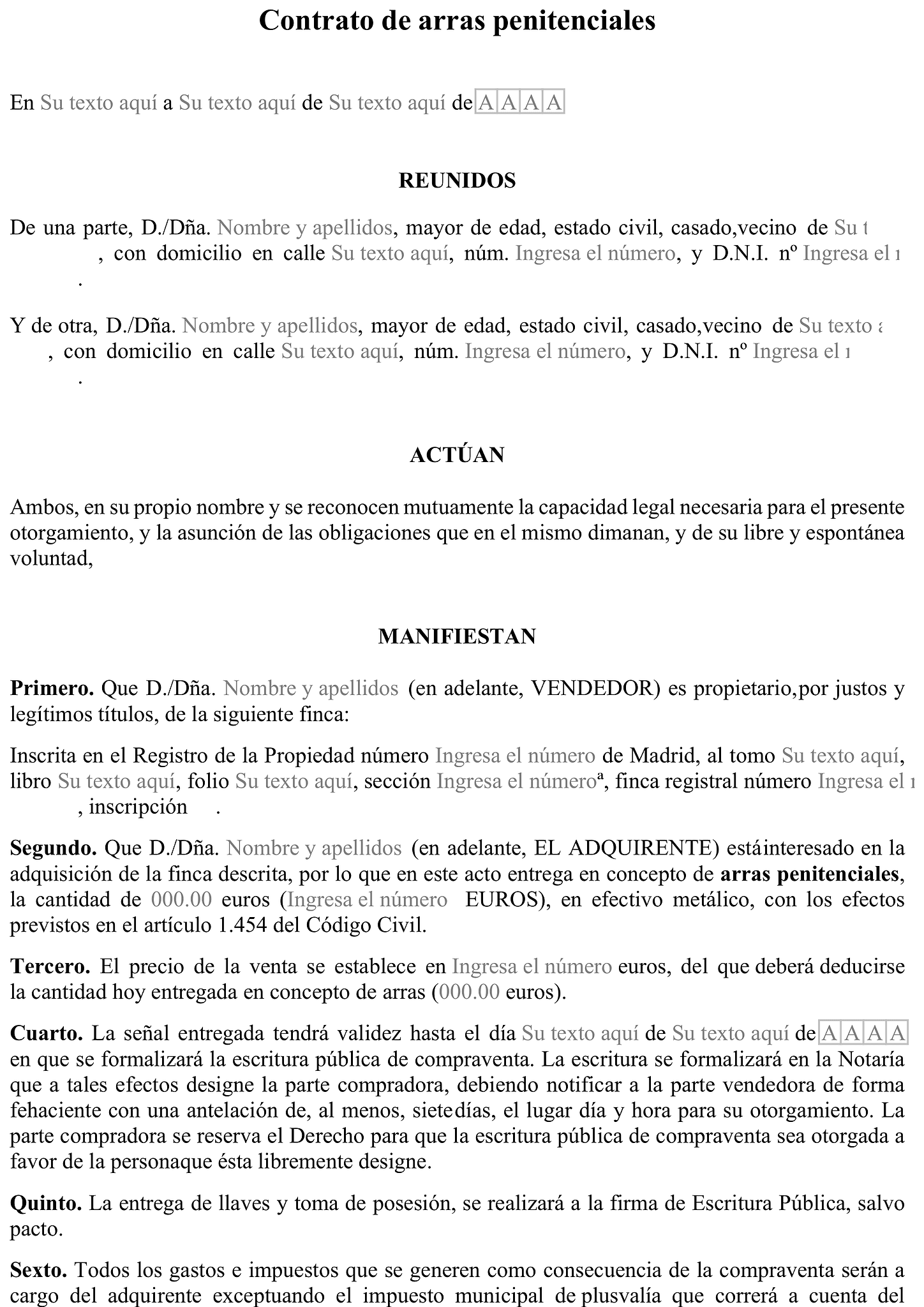 Formulario contrato de arras penitenciales 1
